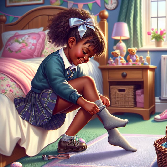6-Year-Old African Schoolgirl Removes Easter Bow Socks in Cozy Bedroom