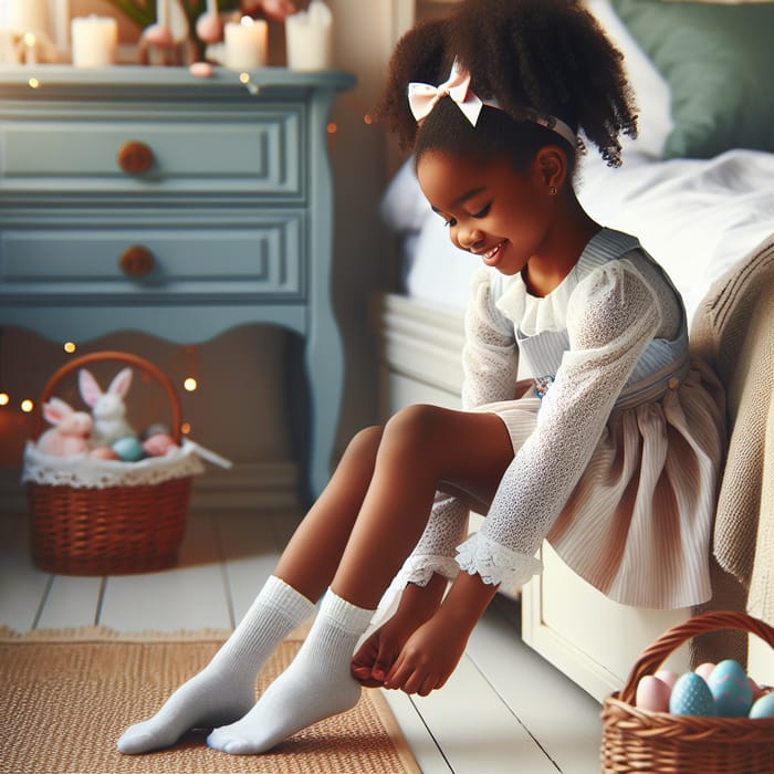 6-Year-Old African Girl Removing Bow Socks in Easter Day Routine