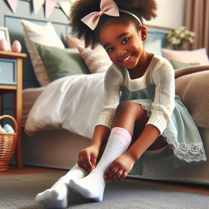 6-Year-Old African Girl Removing Easter Bow Socks