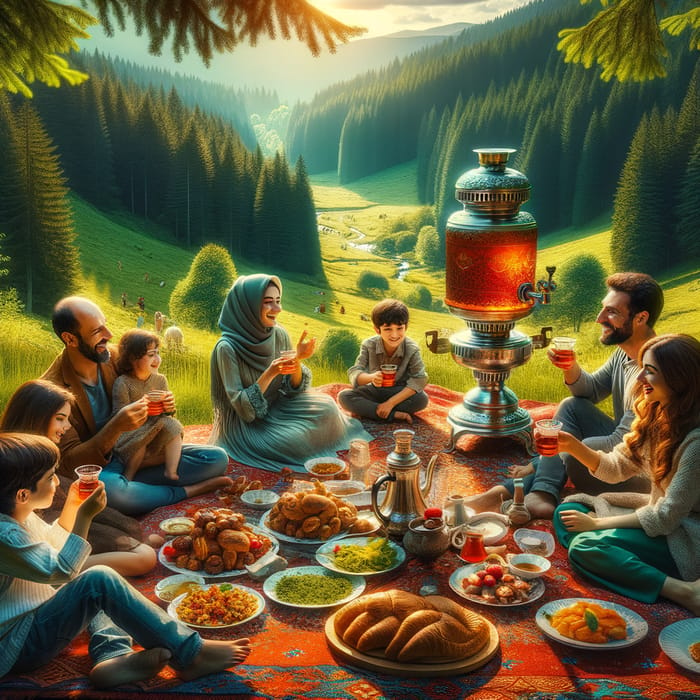 Turkish Family Picnic at Sizdah Bedar: Tea Tradition in Forest
