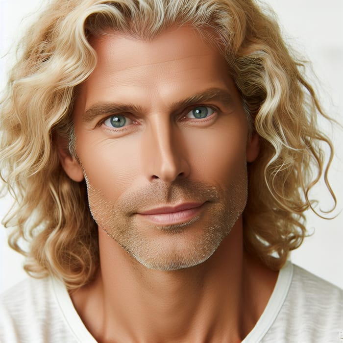 Handsome Blonde Man with Clear Eyes and Curly Hair - Around 50 Years Old