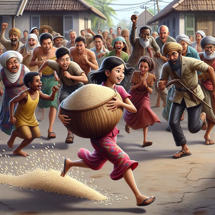 Charming Scene: Little Girl Fleeing with Basket of Rice