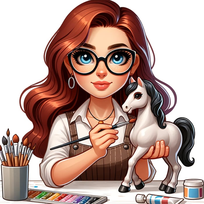 Dark Red-Haired Woman Painting Horse Figurine | Art Supplies