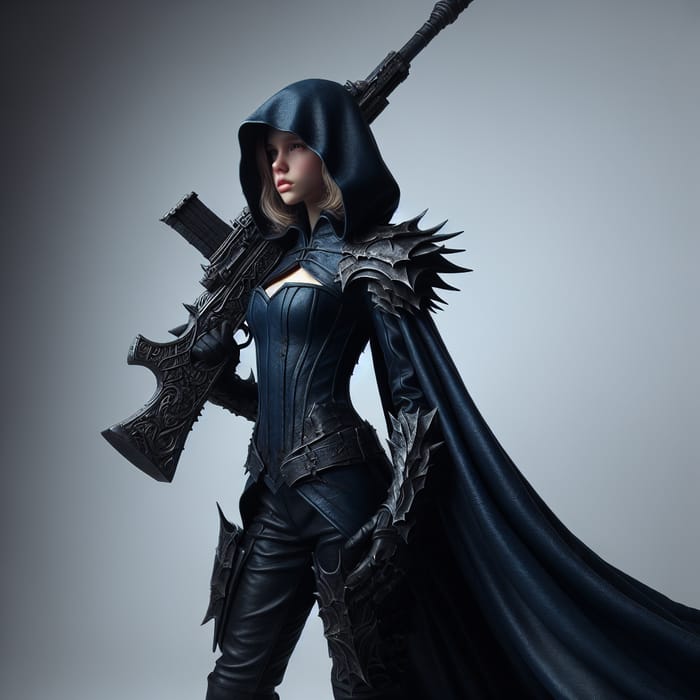 European Girl in Dark Blue Leather Armor with Cape and Rifle