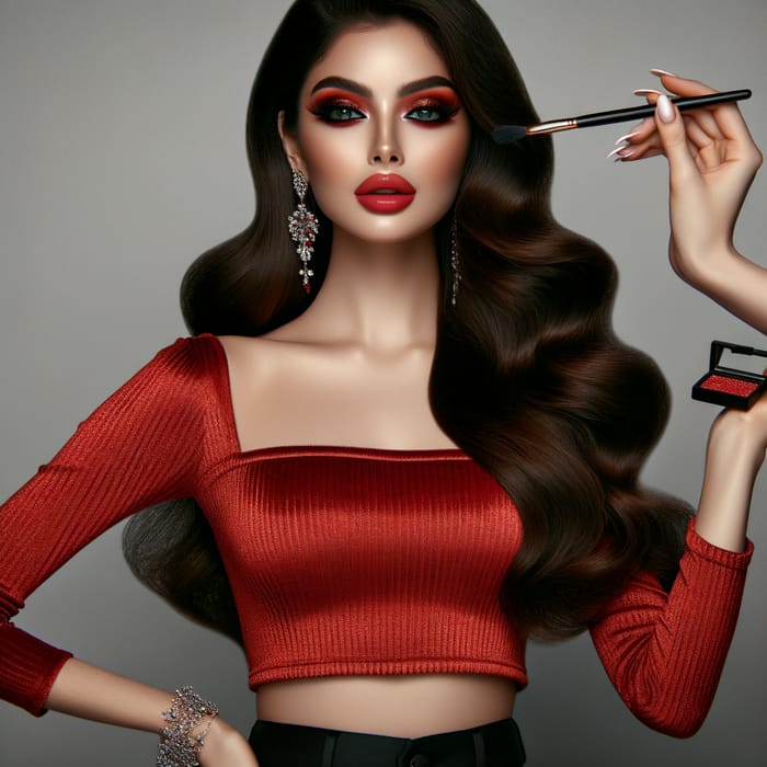 Stunning Tall Diva: Bright Makeup, Red Crop Top & Jewelry
