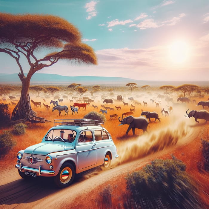 Vintage Fiat Safari Amidst African Wildlife Adventure in Colorful Retro Poster Style