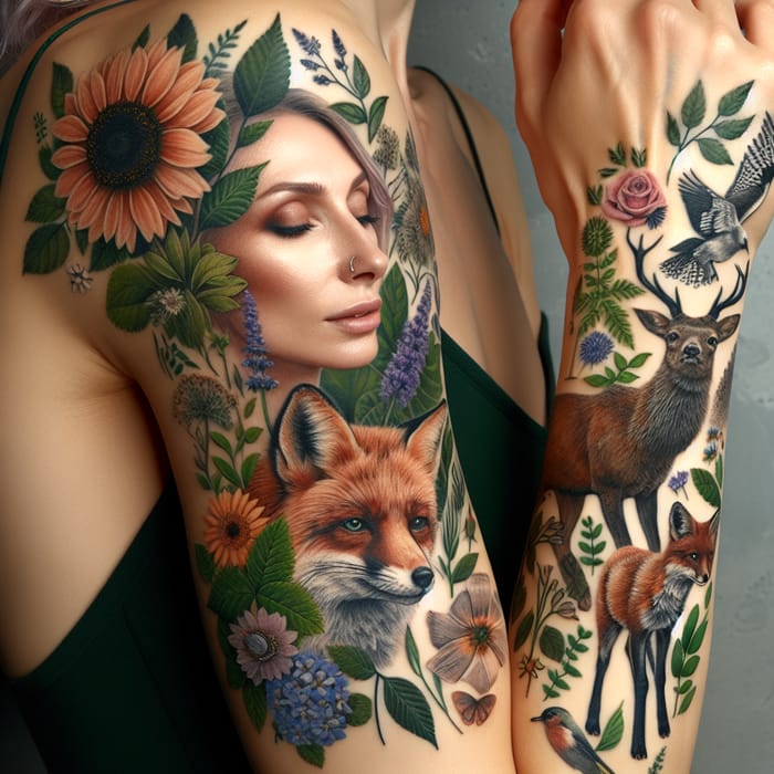 Nature-Themed Arm Tattoo with Animals, Flowers & Tranquil Visage