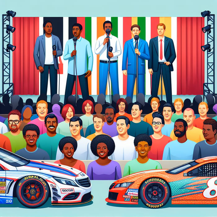 Eclectic Stand-Up Comedy with Diverse Spectators & Vibrant Race Cars