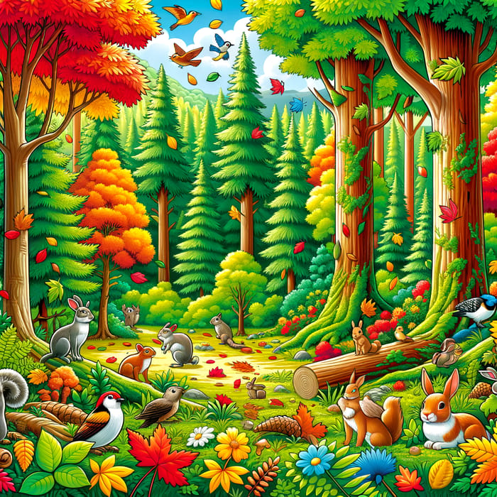 Colorful Forest Illustration for Pre-Kindergarten with Red, Green, Yellow, and Orange