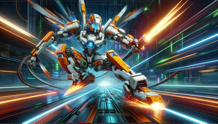 Dynamic Orange & White Gundam in Action-Packed Battle Scene