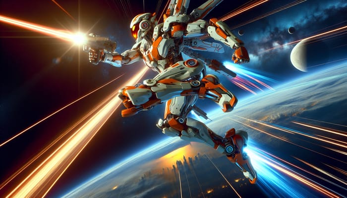 Vibrant Orange and White Gundam in Space | Dynamic Pose & Beam Rifle