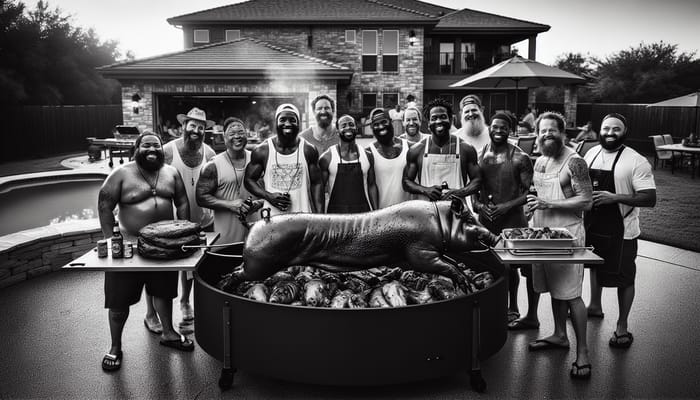 Festive Backyard BBQ: Diverse Men Roasting Whole Pig