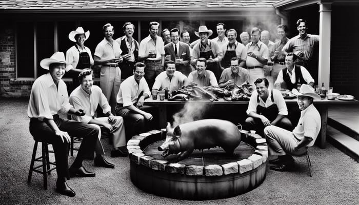 Camaraderie Celebration: Rotisserie Pig in Festive Backyard BBQ