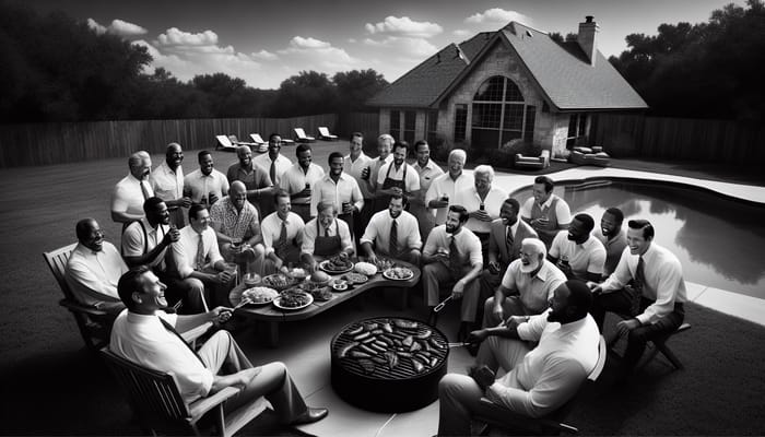 Diverse Men Enjoying Texas Style BBQ Feast in Timeless Black and White