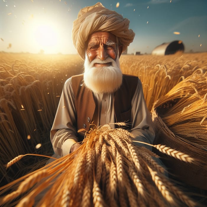 Elderly Pakistani Farmer Harvesting Golden Wheat Crop