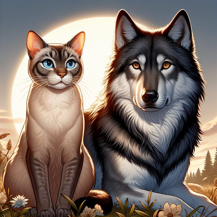 Siamese Cat and Wolf - Unlikely Friendship in Meadow