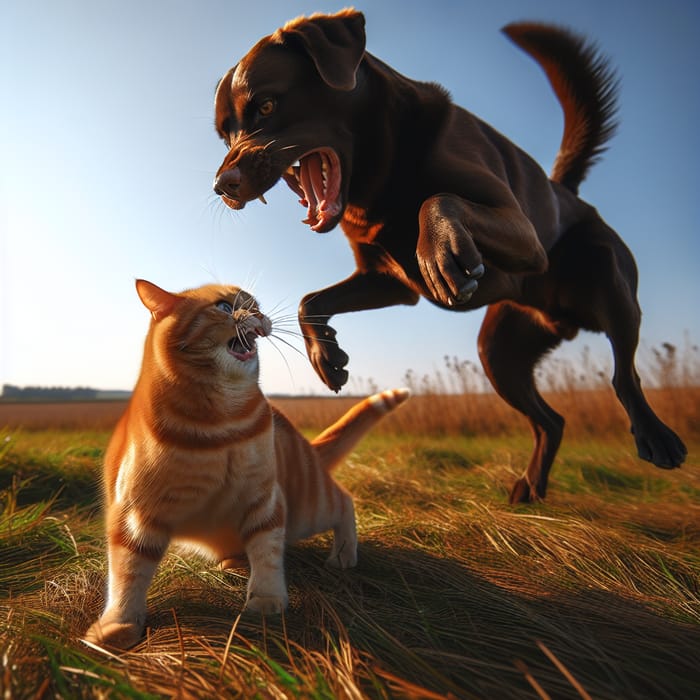 Cat and Dog Playful Fight in Grassy Field