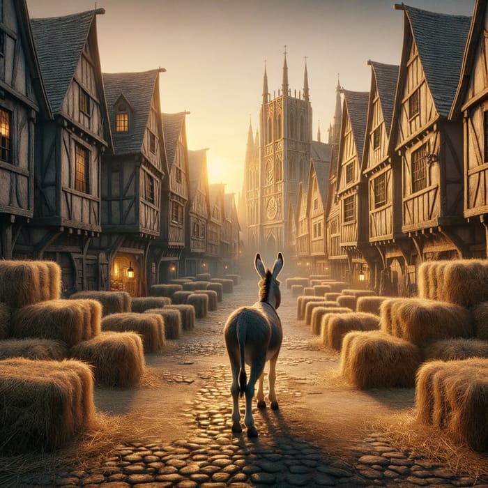 Medieval Town Setting with Animated Donkey and Hay Bales