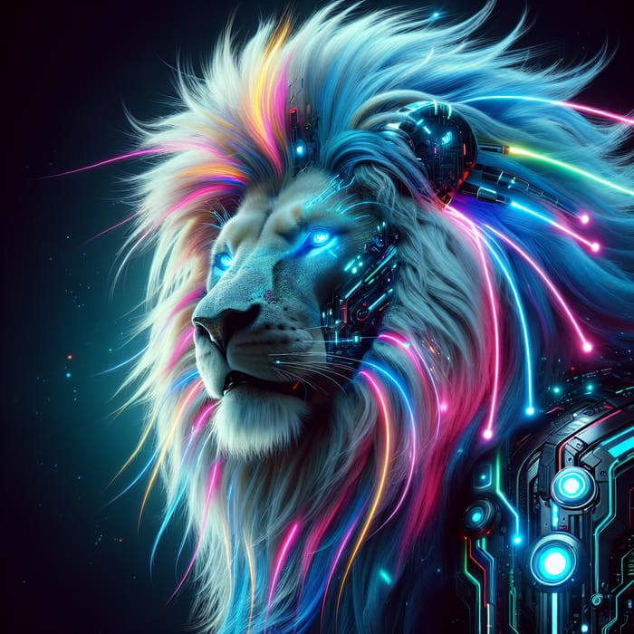 Cyberpunk Majestic Male Lion with Neon Lights