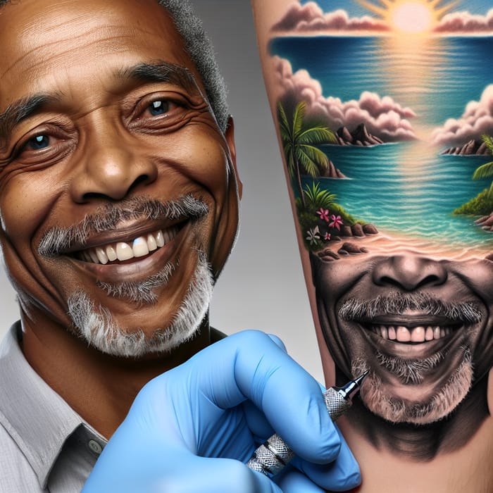 Realistic Paradise Landscape Tattoo with Will Smith's Visage