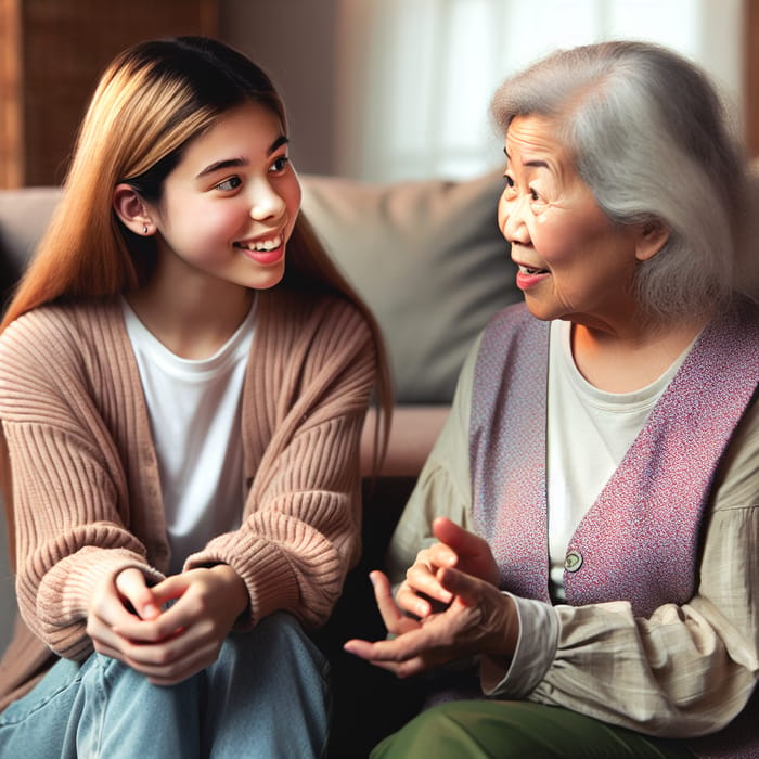 Inspirational Intergenerational Chat Between Girl and Elderly Woman
