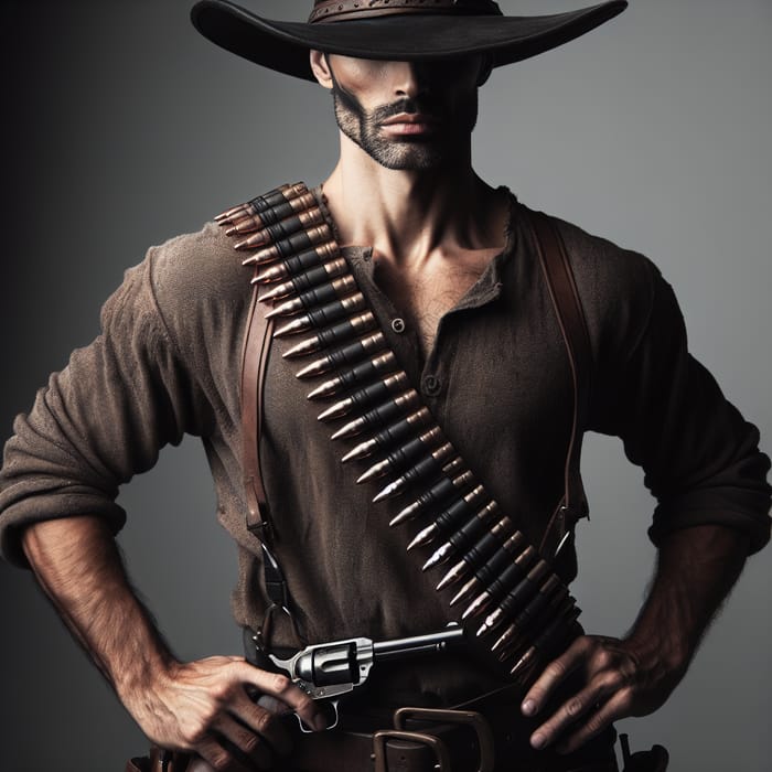 Masculine Cowboy with Twin Revolvers and Wide Brim Hat