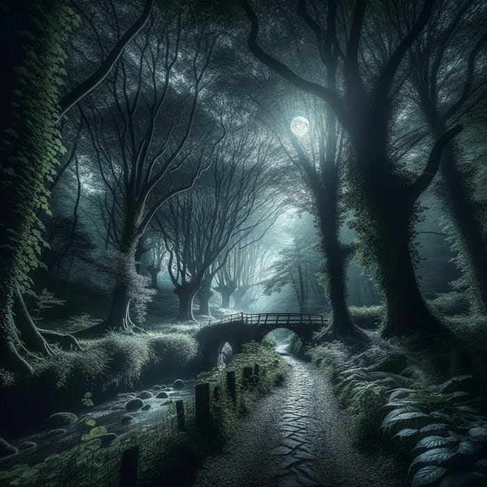 Mysterious Night Path: Moonlit Shadows on Whispering Leaves