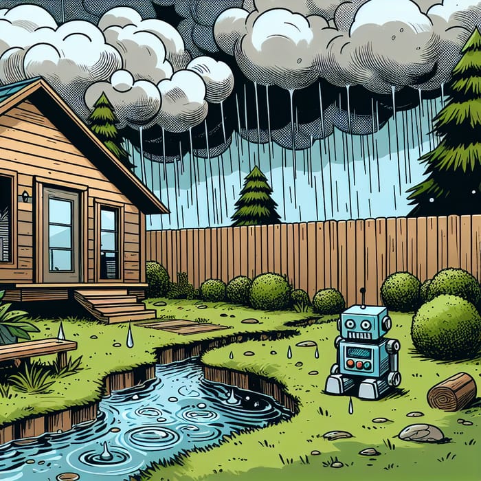 Comic Style Wooden House and Toy Robot by the Stream in a Storm