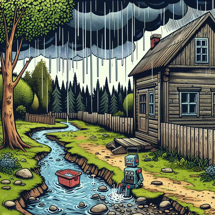 Comic Style Wooden House by Stream with Toy Robot in Rain