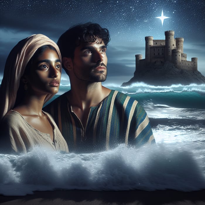 Enchanting Starry Beach Scene with Castle Silhouette