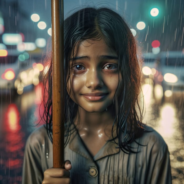 Hidden Tears: Lonely Girl Braving the Storm at Traffic Light
