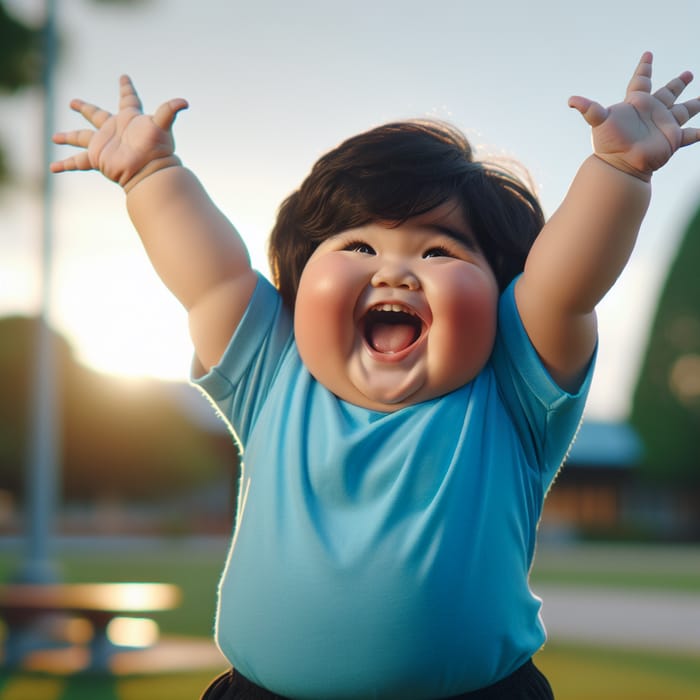 Joyful Chubby Boy with Raised Arms in Blue Shirt