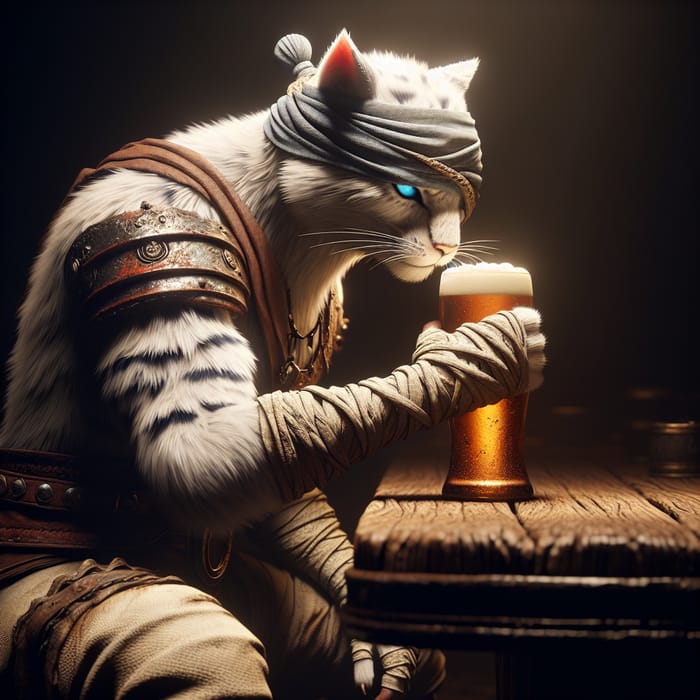 Fierce Feline Warrior Savoring Brew with Bond on Head