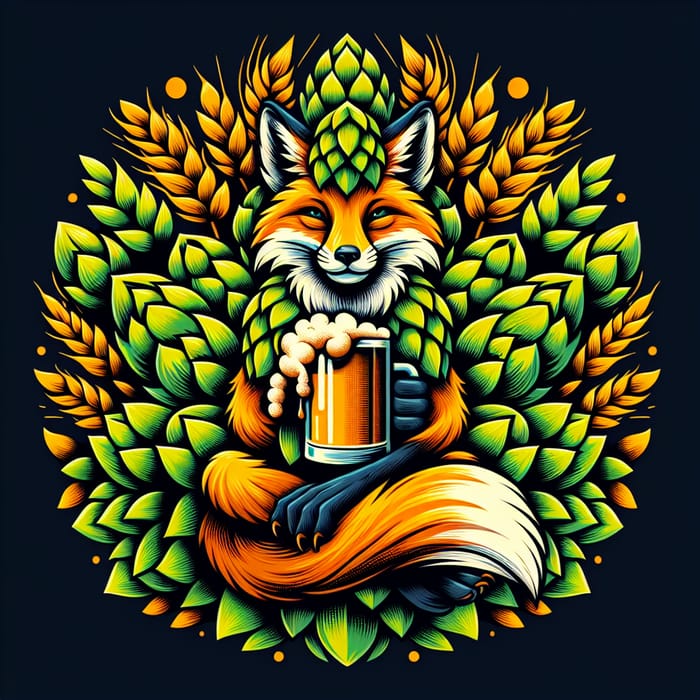Craft Beer Label with Vibrant Hops Fox Design