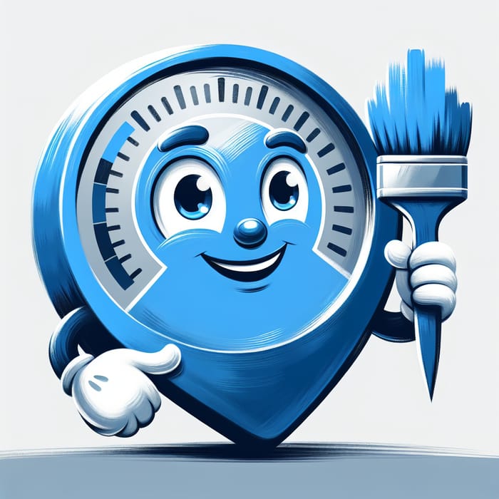 Friendly Gauge Mascot: Whimsical Blue & Grey Digital Art