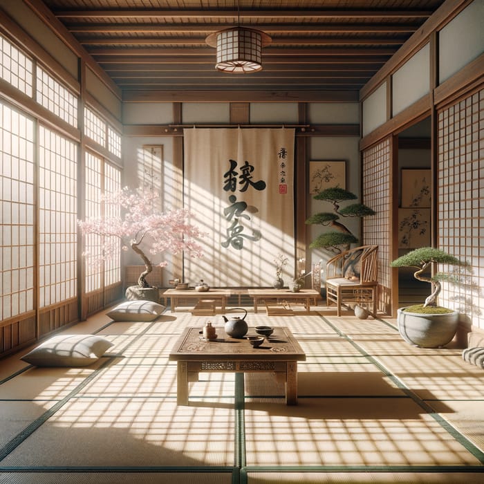 Japanese Living Room: Serene Atmosphere with Cherry Blossoms & Bamboo