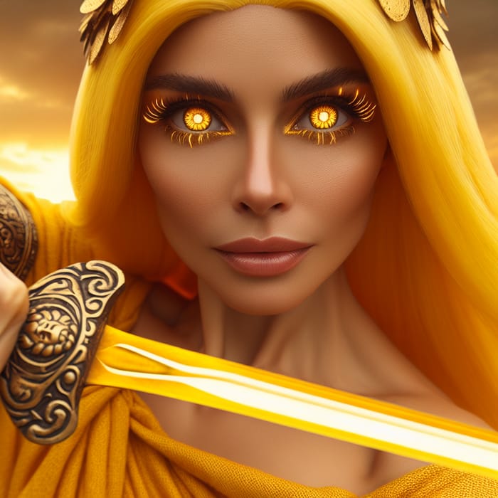 Hispanic Woman Warrior with Dazzling Yellow Sword on Battlefield