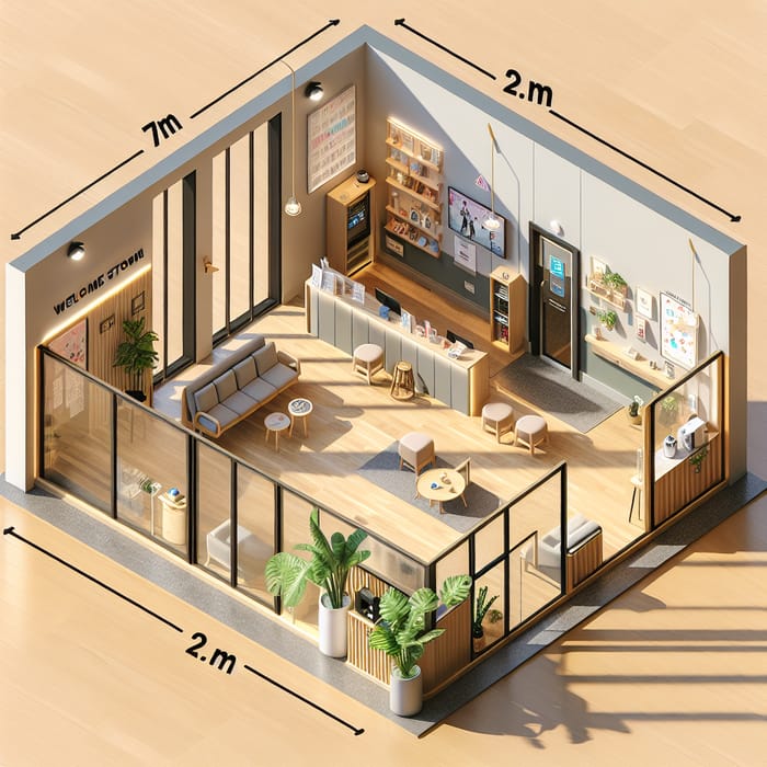 3D Bird's Eye View of Cozy Student Waiting Room with Glass Wall and Dance Studio