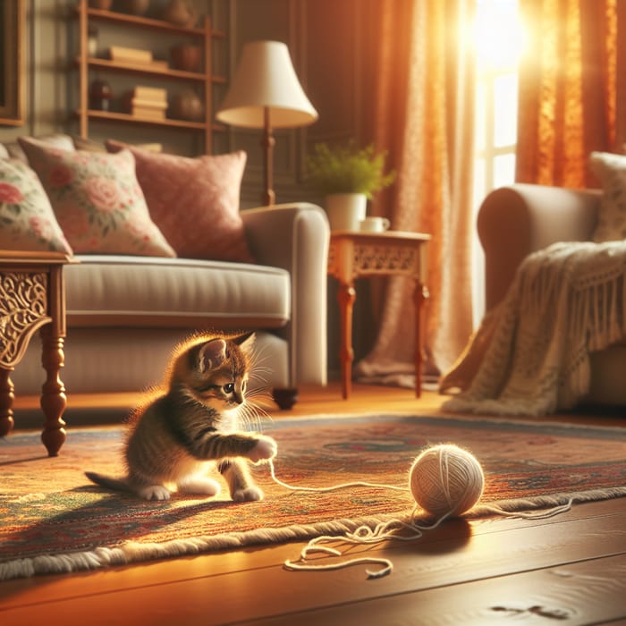 Cozy Living Room with a Playful Kitten Swatting Yarn