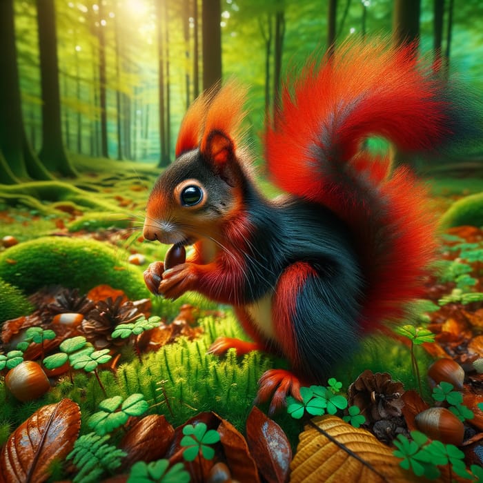 Vibrant Red and Black Squirrel in Lush Green Forest