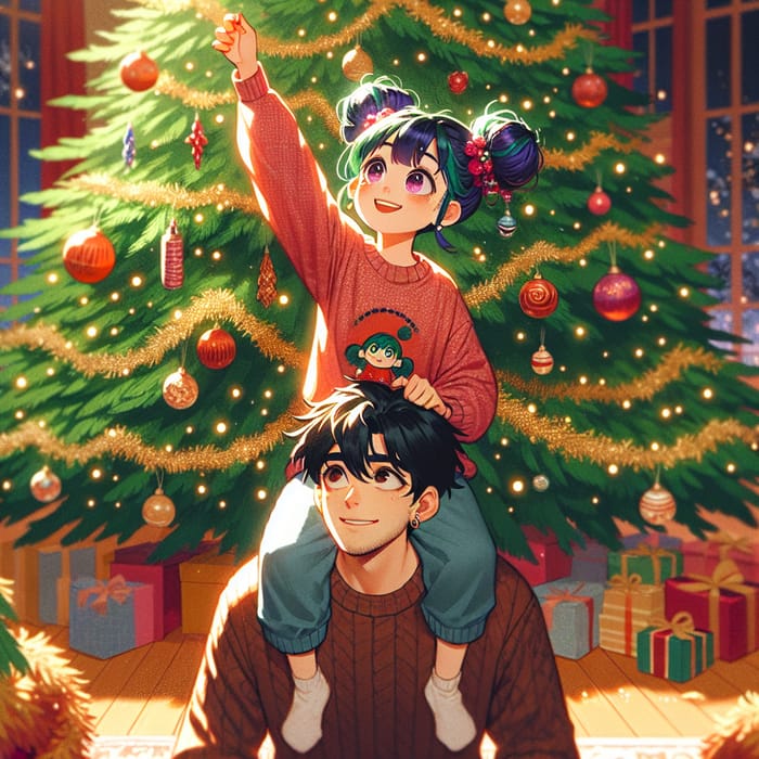 Anime Girl Decorating Christmas Tree on Guy's Shoulders