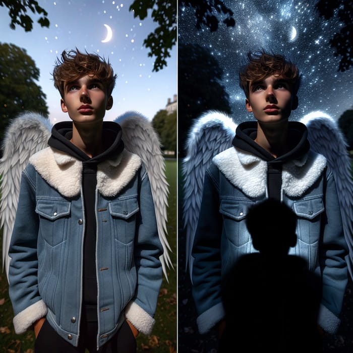 Mysterious Teenage Boy in Angel Wing Attire at Night
