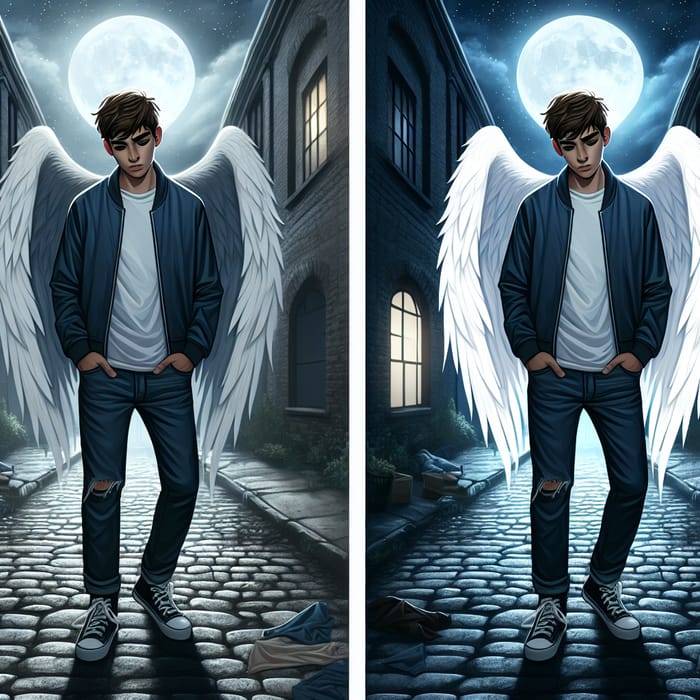 Hispanic Teenager with Angel Wings in Night Setting - 2D Art