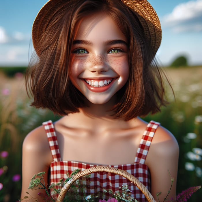 Innocent Joy: Young Gyat Girl in Red Sundress and Straw Hat