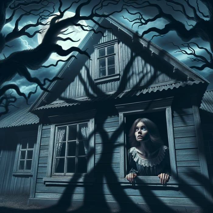 Southern Gothic Girl Peering out Window at Night in Creepy Forest
