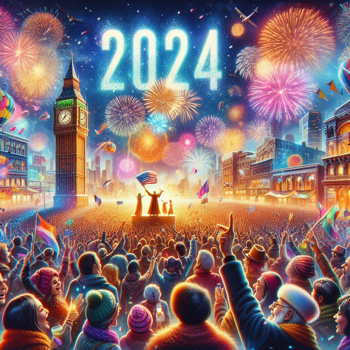 Happy New Year 2024 Celebration with Fireworks and Joyful People