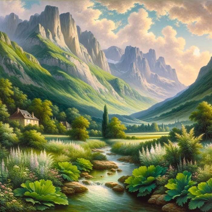 French Landscape Painting with Stunning Mountain View
