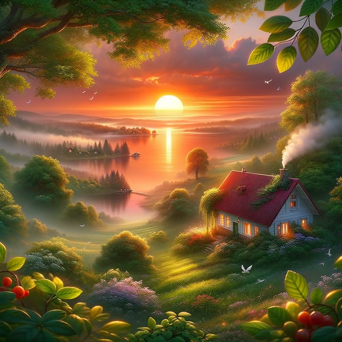 Serene Sunny Morning - Tranquil Landscape & Lakeside Cottage