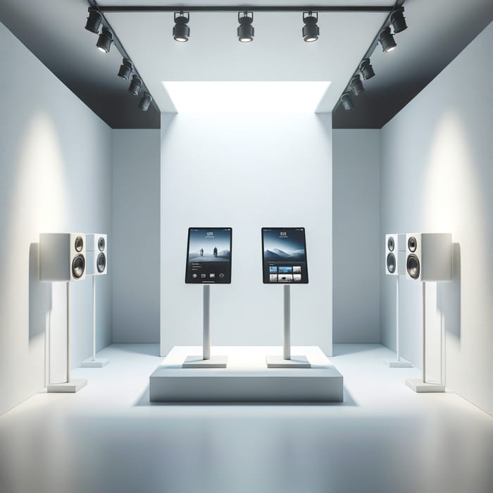 White Empty Exhibition Room with iPads and Speakers