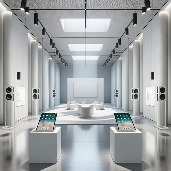 Minimalist Exhibition Space with Interactive iPads and Surround Sound Speakers